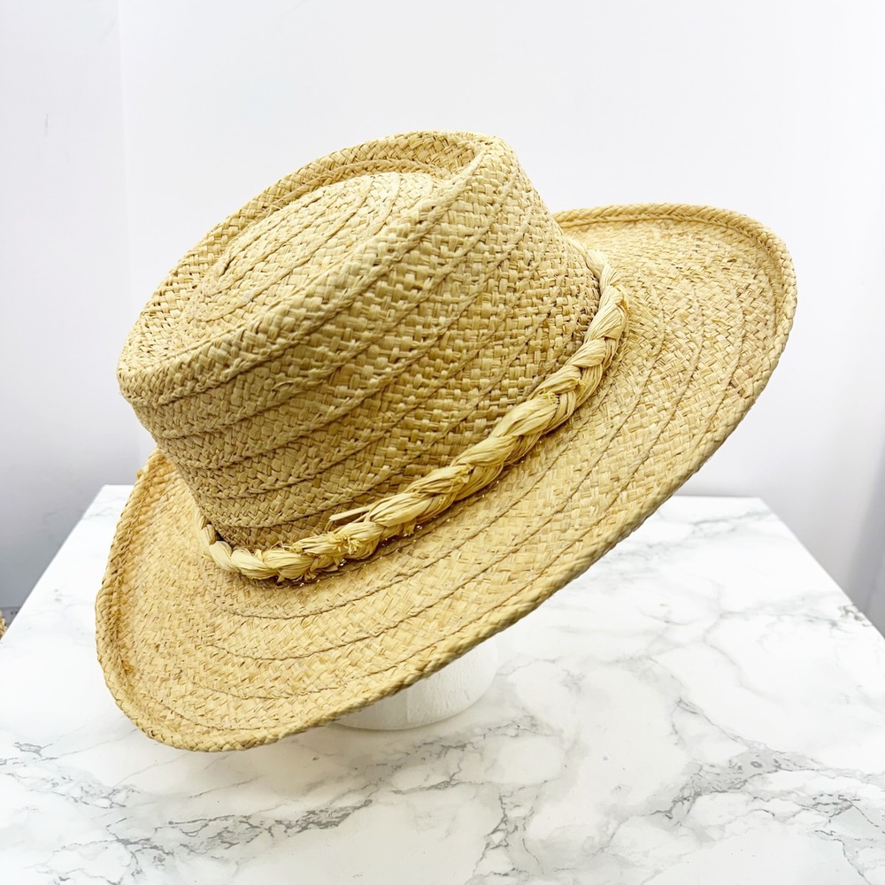 Summer Club Straw Boater Sun Hat Womens Medium Tan Braided Natural Fiber